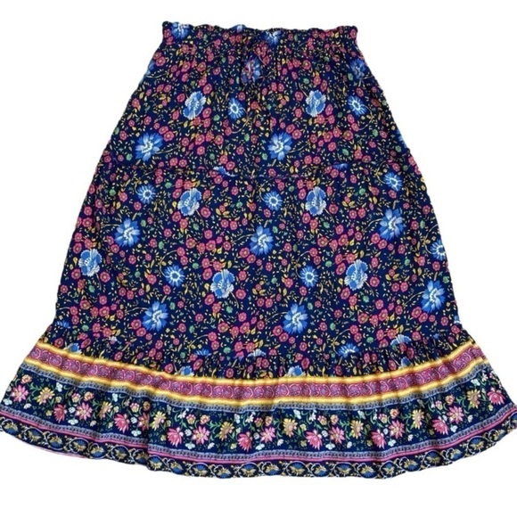 ZESICA Boho Dark Floral Tiered Peasant Maxi Skirt Cornflower Print Navy Pink M - Picture 2 of 14